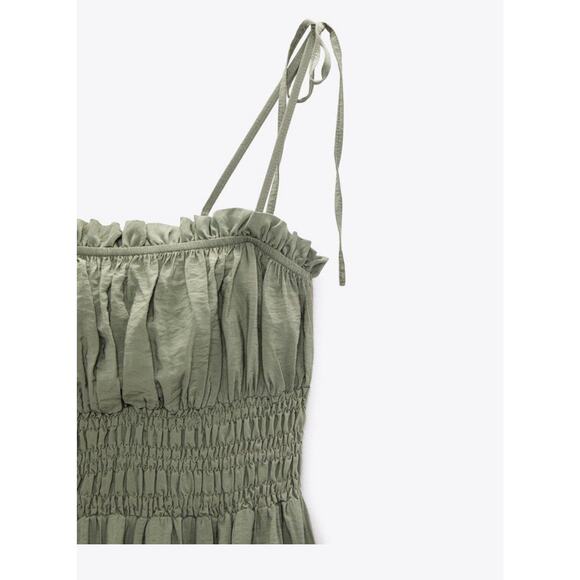 Zara Green Open Elastic Ruffle Back Spaghetti Strap Midi Dress - Picture 12 of 13